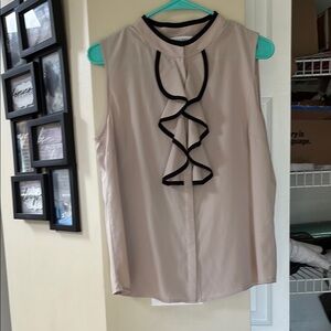 Calvin Klein Taupe and Black Lines Ruffled Sleeveless Blouse